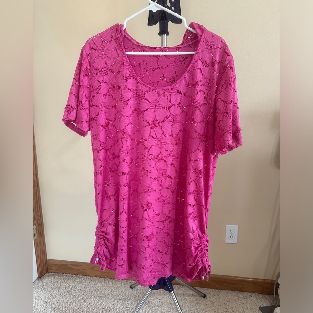 Pink mesh swimsuit coverup